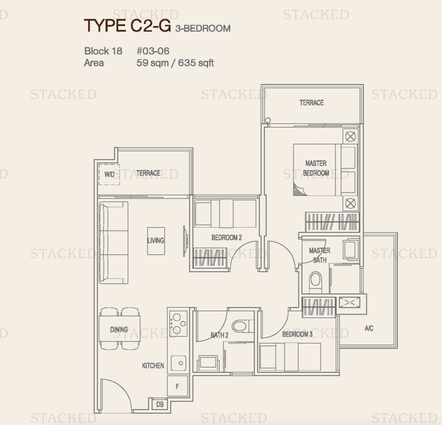 Type C2-G 3-bedroom condo floor plan of 635 sq ft, typical of a million-dollar 3-bedder