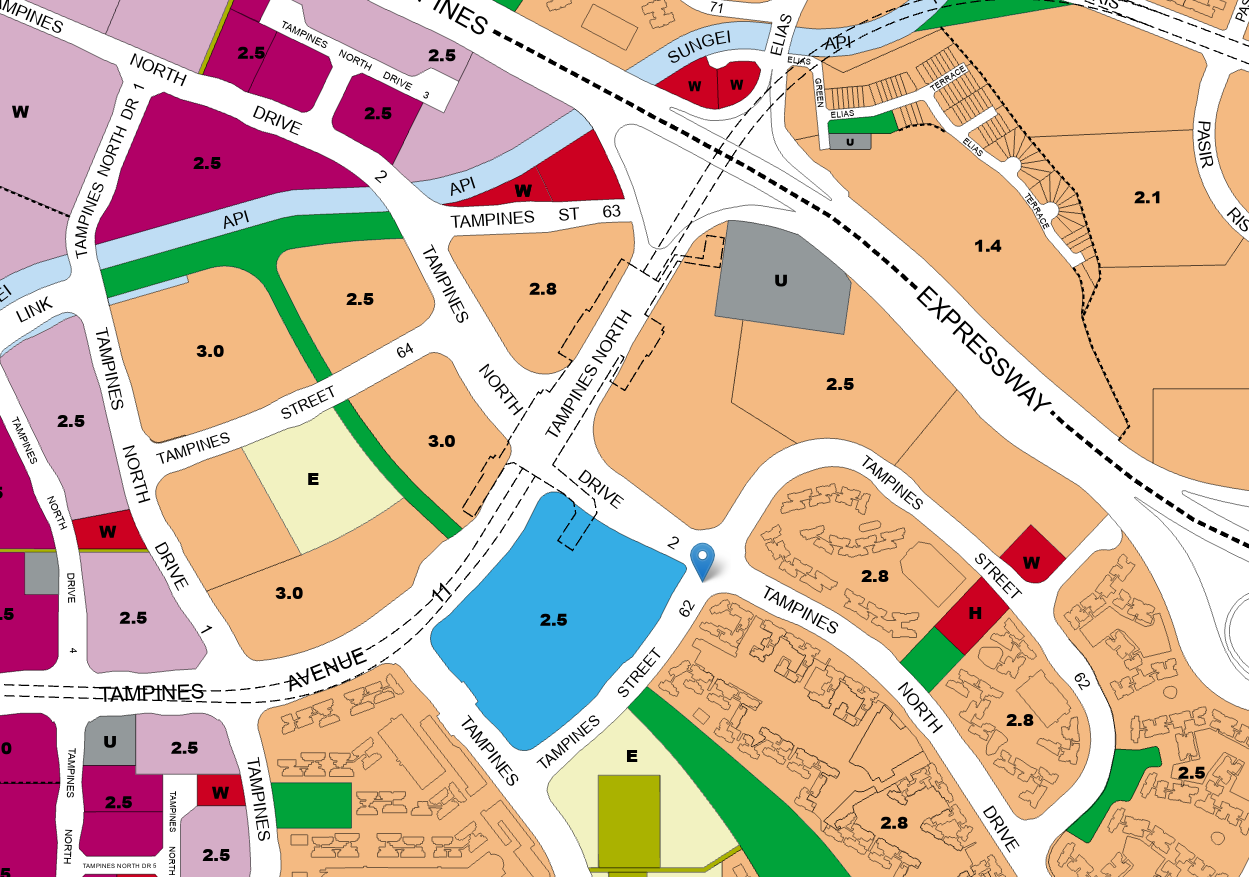 Tampines North 的 Parktown Residence 周边 URA 总体规划分区图