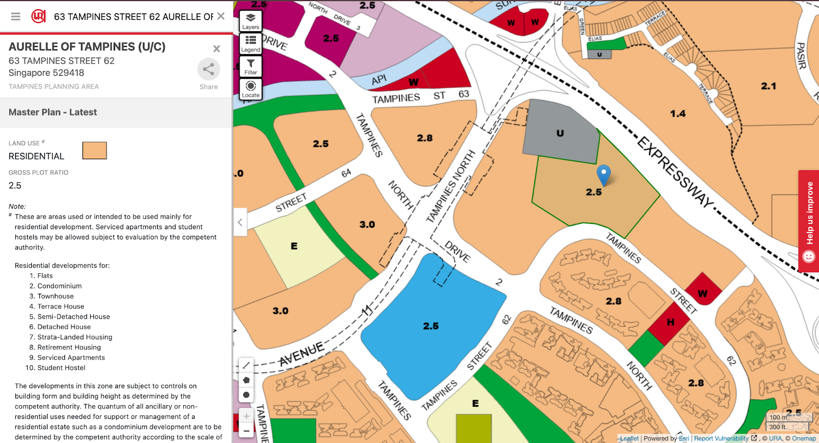 URA Master Plan entry for the Aurelle of Tampines site at Tampines Street 62: residential, plot ratio 2.5