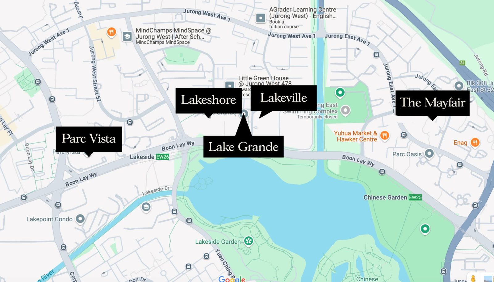 Lake Grande, Lakeville, Mayfair, Lakeshore, and Parc Vista.