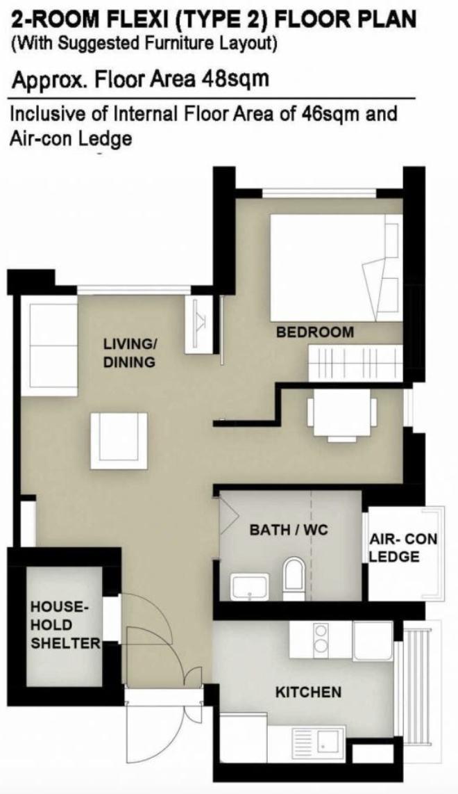 The 2 Room Flexi Type 2 495 sq ft