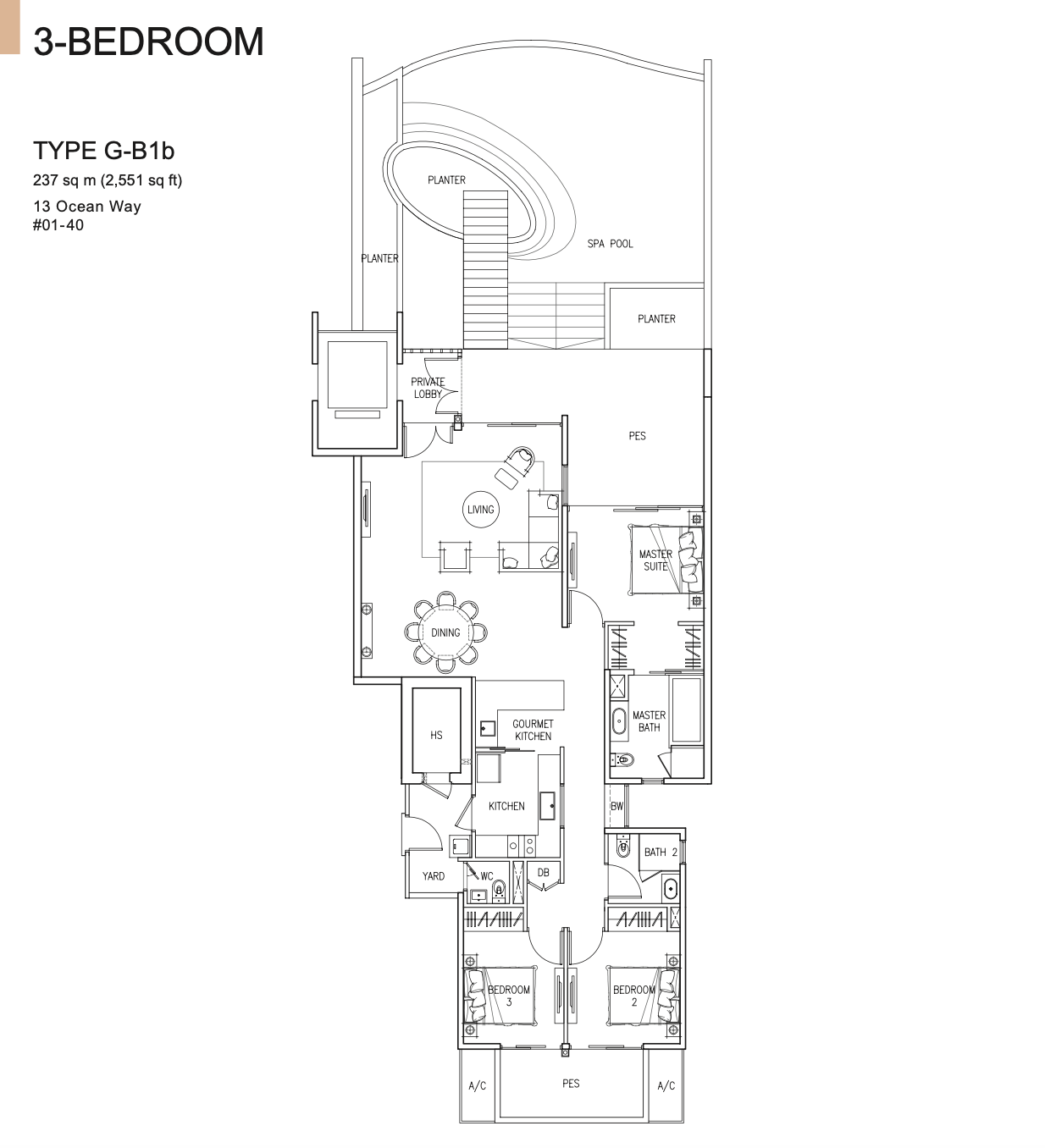 The Residences at W Singapore Sentosa Cove Type G-B1b 3-bedroom ground floor plan with private spa pool, 2,551 sq ft
