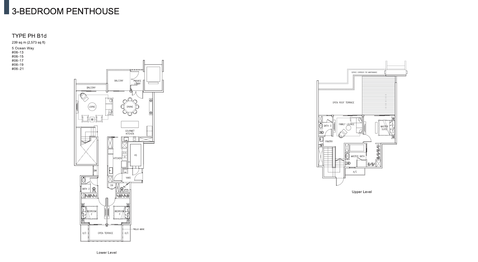 The Residences at W Singapore Sentosa Cove Type PH-B1d 3-bedroom penthouse floor plan over two levels, 2,573 sq ft