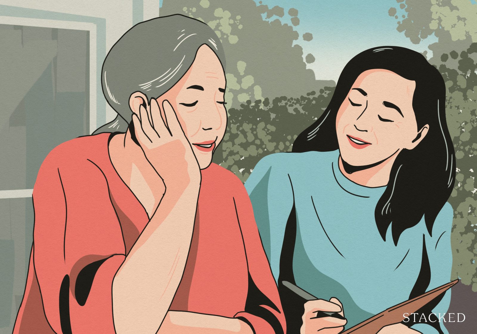 elderly talking to woman