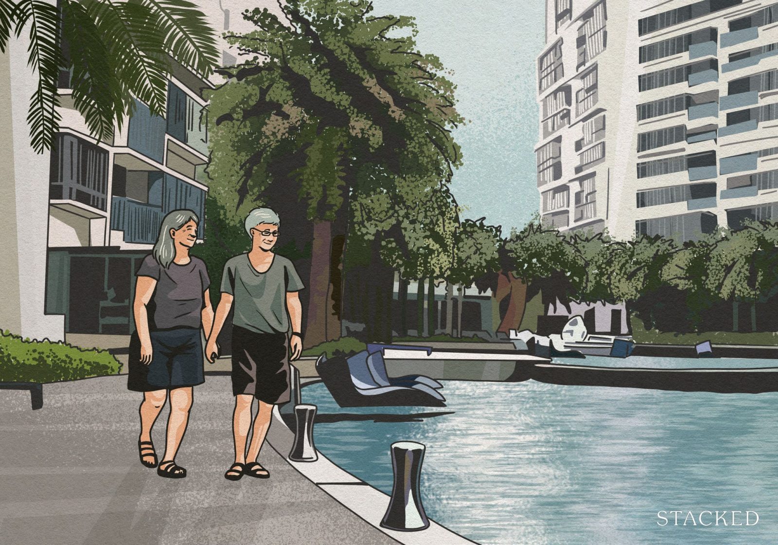 elderly walking near pool