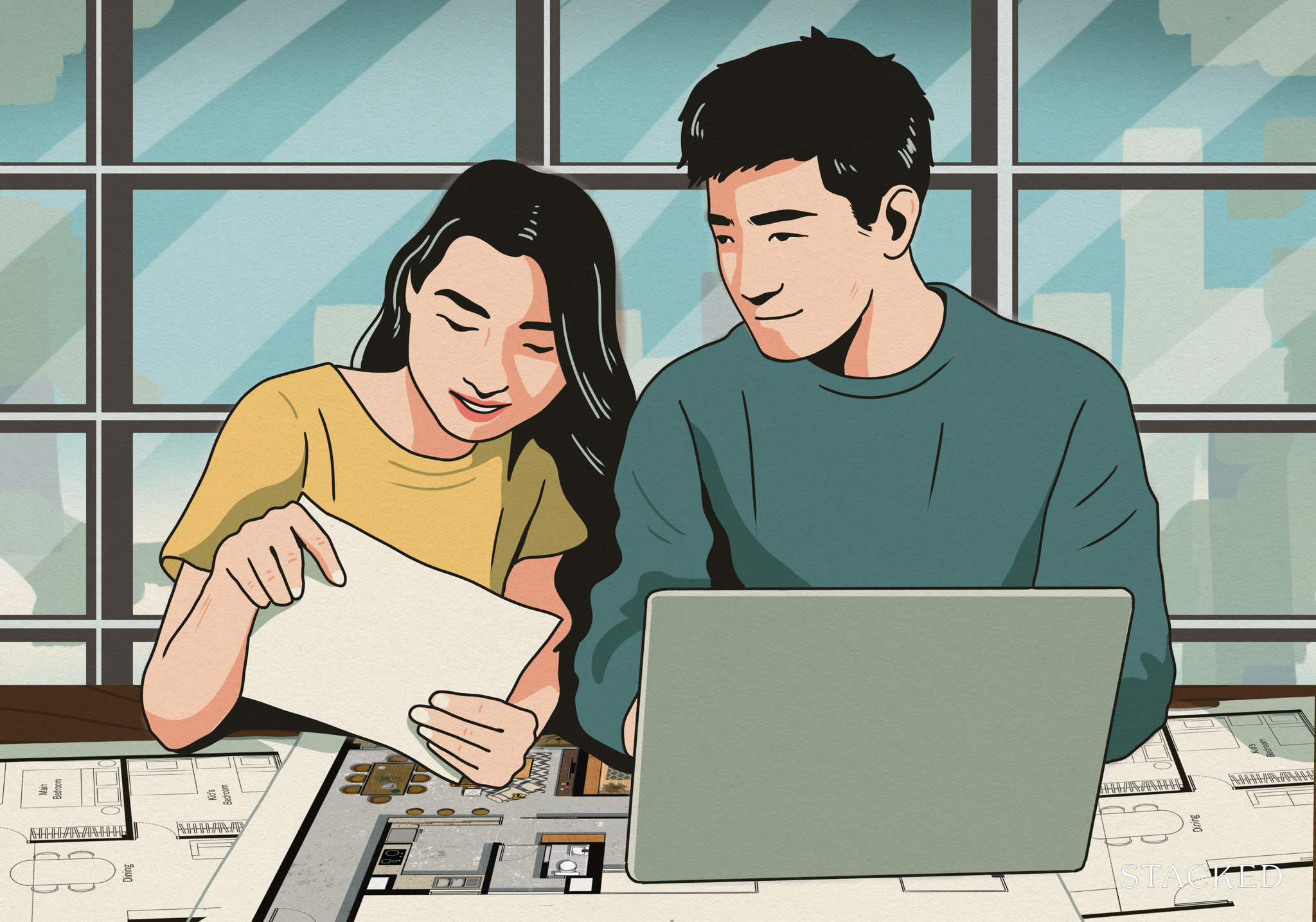 couple looking at floorplans