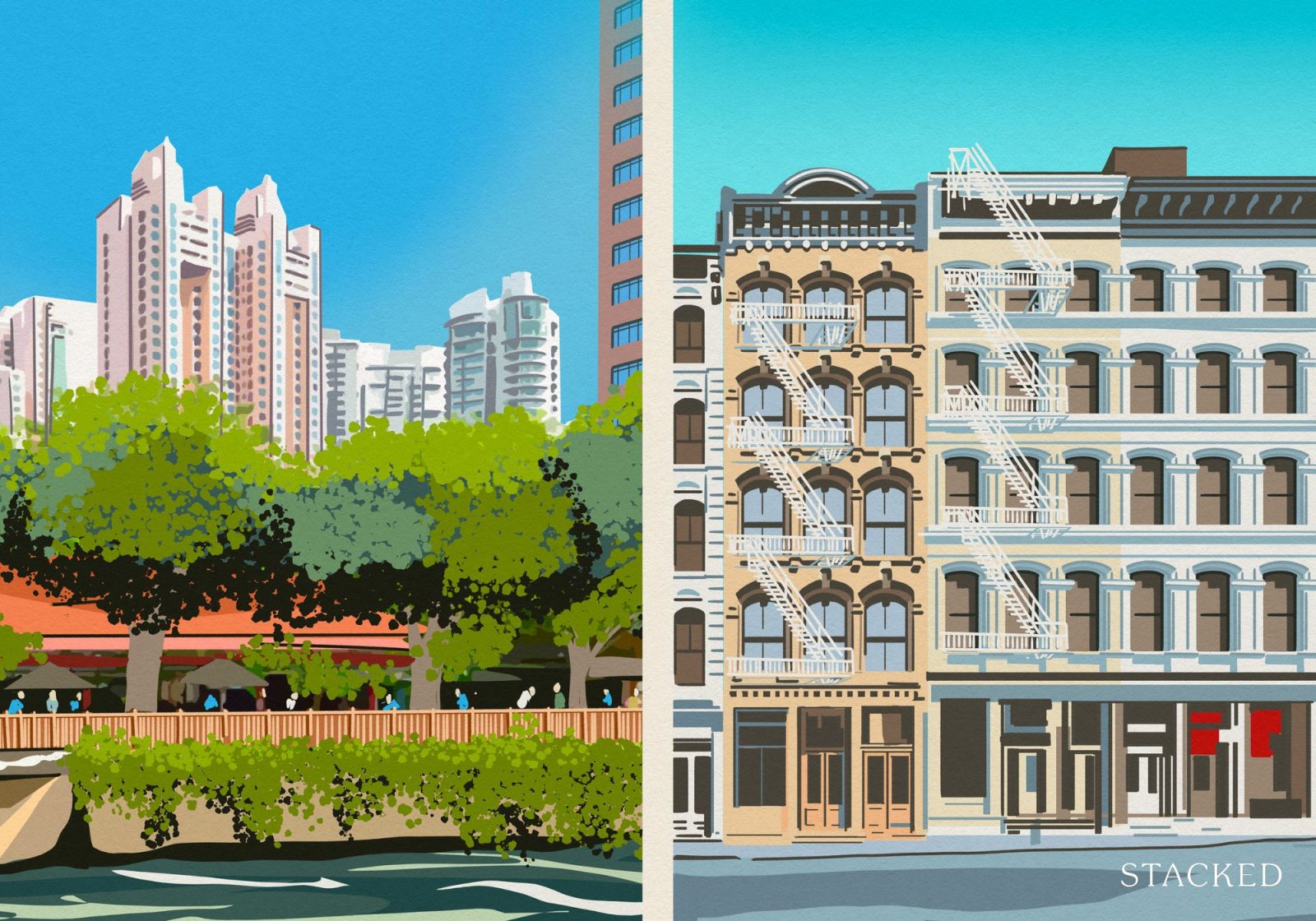 Cast Iron Building New York City and Great World City Singapore