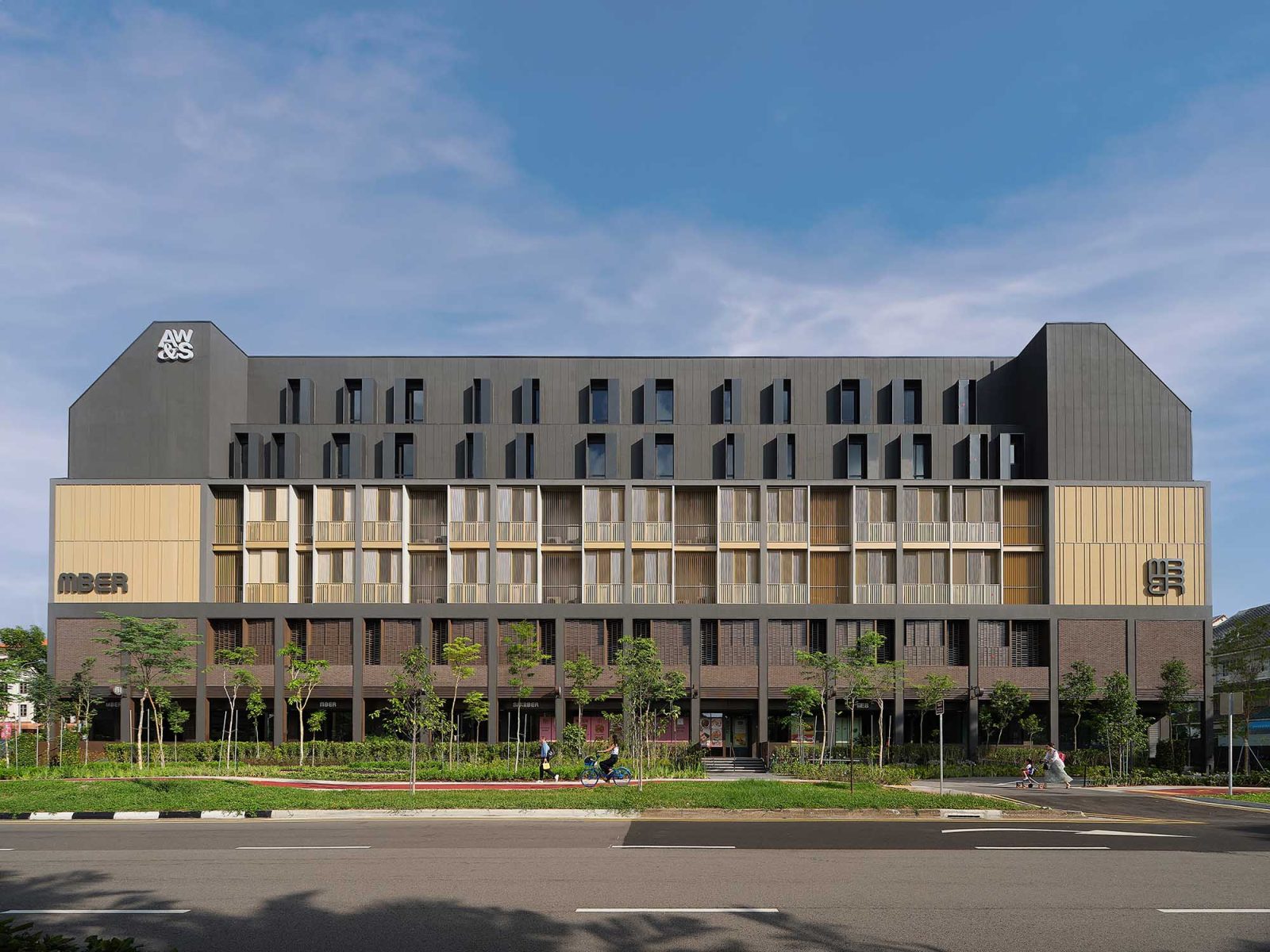 Mber’s façade along Teck Chye Terrace — a new design led co dwelling and serviced residence concept taking shape in Singapore’s northeast.