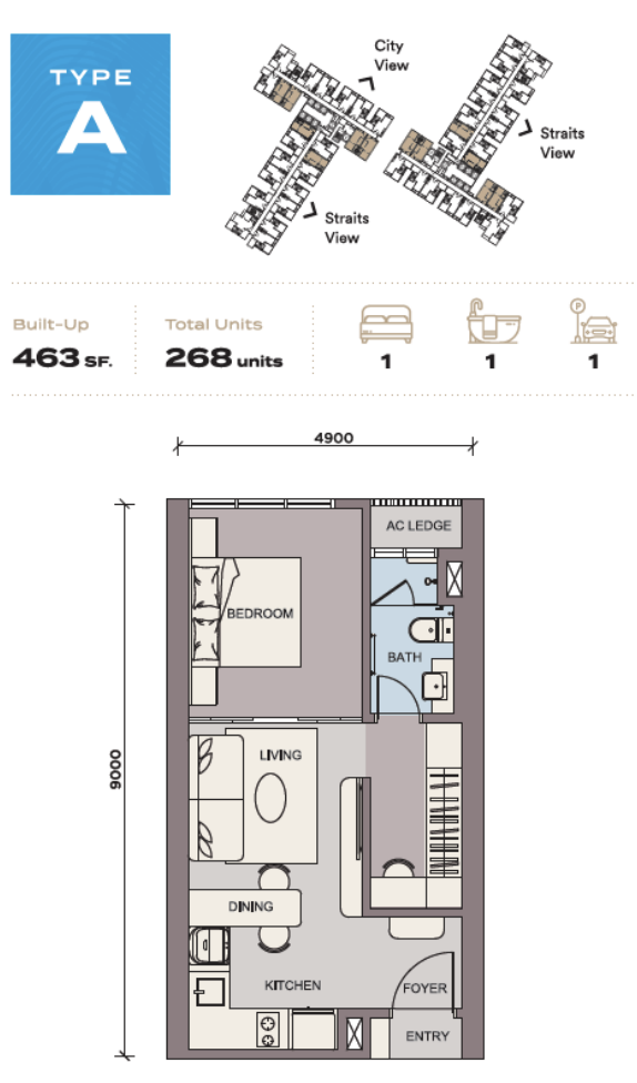 One Bedroom (Type A) 463 sq ft