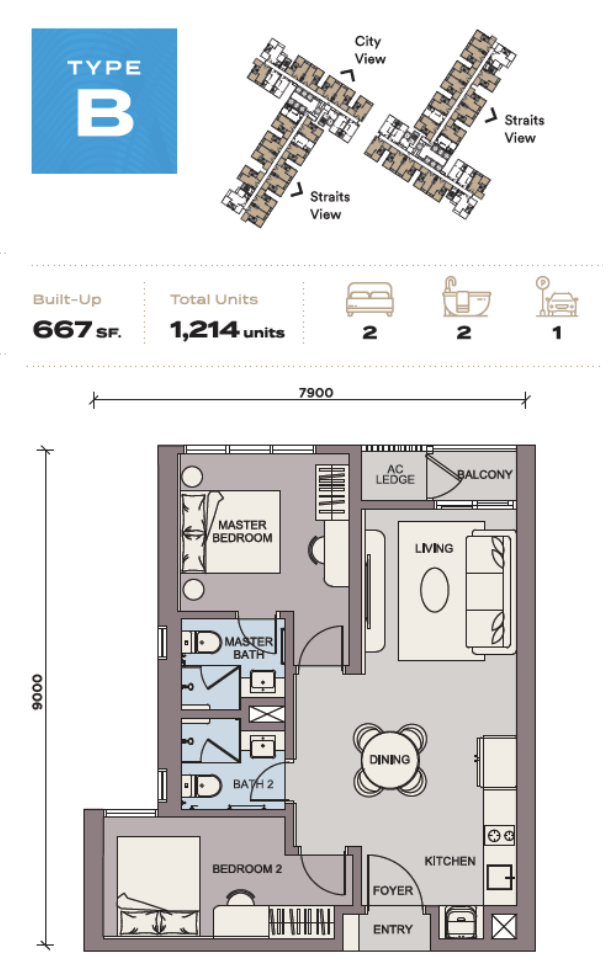 2 Bedroom (Type B) 667 sq ft