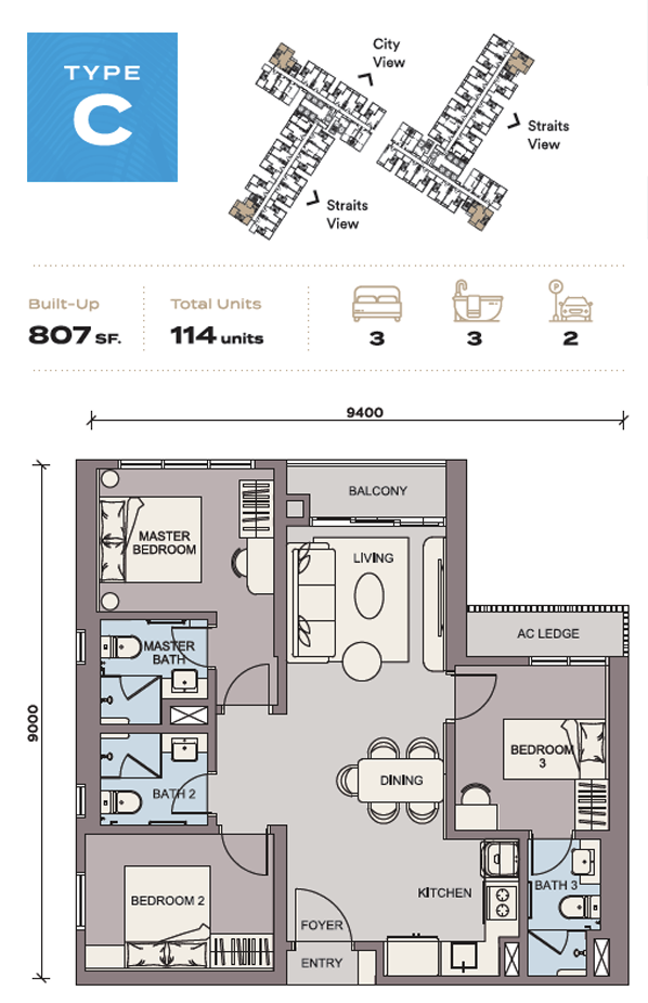 Three bedroom (Type C) 807 sq ft