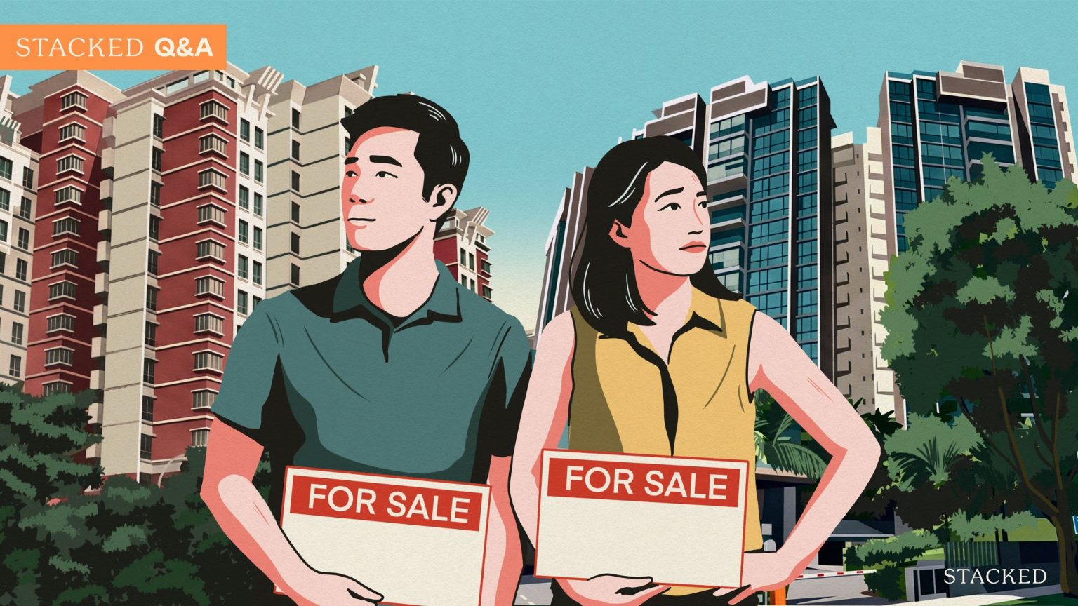 Illustration of a man and woman holding "For Sale" signs with residential blocks in the background and a Stacked Q&A banner