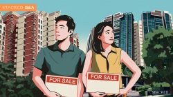 Illustration of a man and woman holding "For Sale" signs with residential blocks in the background and a Stacked Q&A banner