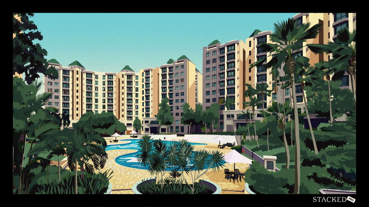 Apartment blocks with a landscaped pool area surrounded by trees and poolside seating
