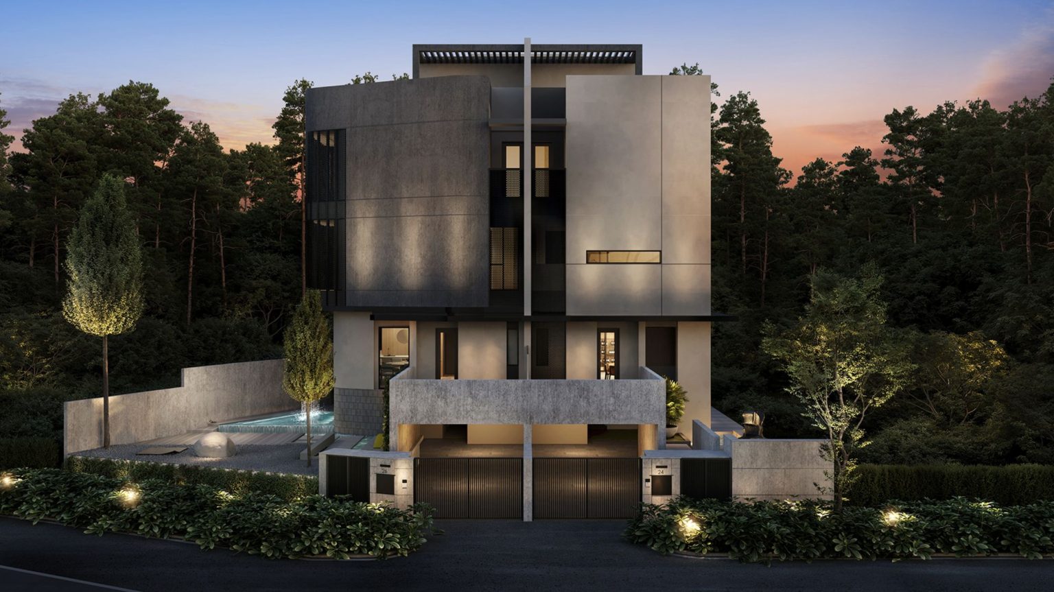 Modern three-storey semi-detached house with concrete facade, gated car porch, trees, and evening sky background