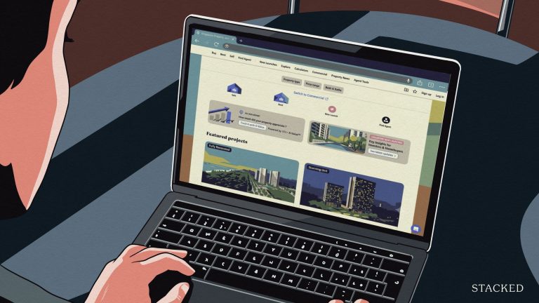 Person using a laptop showing a Singapore property website with property listings and search options