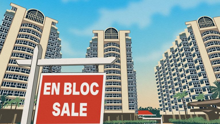 Red en bloc sale signboard in front of high-rise residential apartment blocks under blue sky