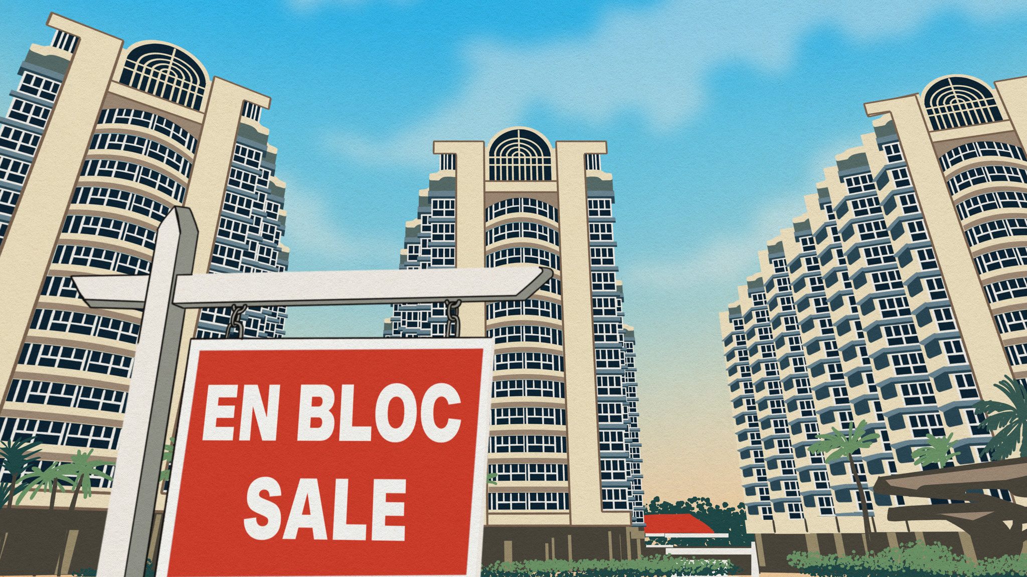 Red en bloc sale signboard in front of high-rise residential apartment blocks under blue sky