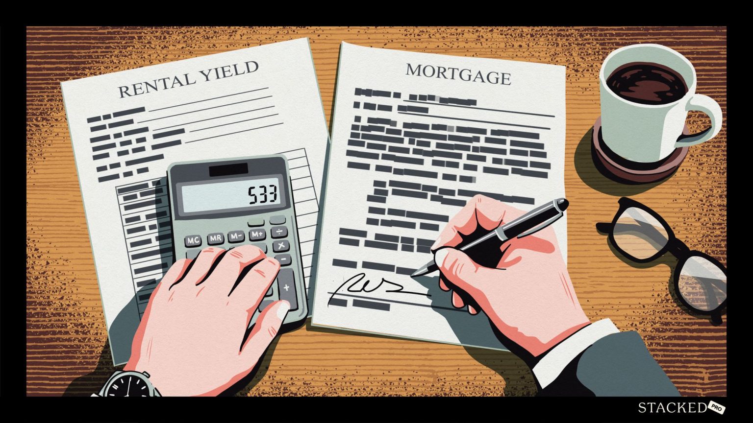Hands using a calculator and signing a mortgage document next to a rental yield paper, coffee cup, and glasses