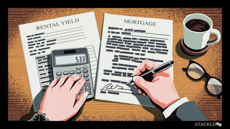 Hands using a calculator and signing a mortgage document next to a rental yield paper, coffee cup, and glasses