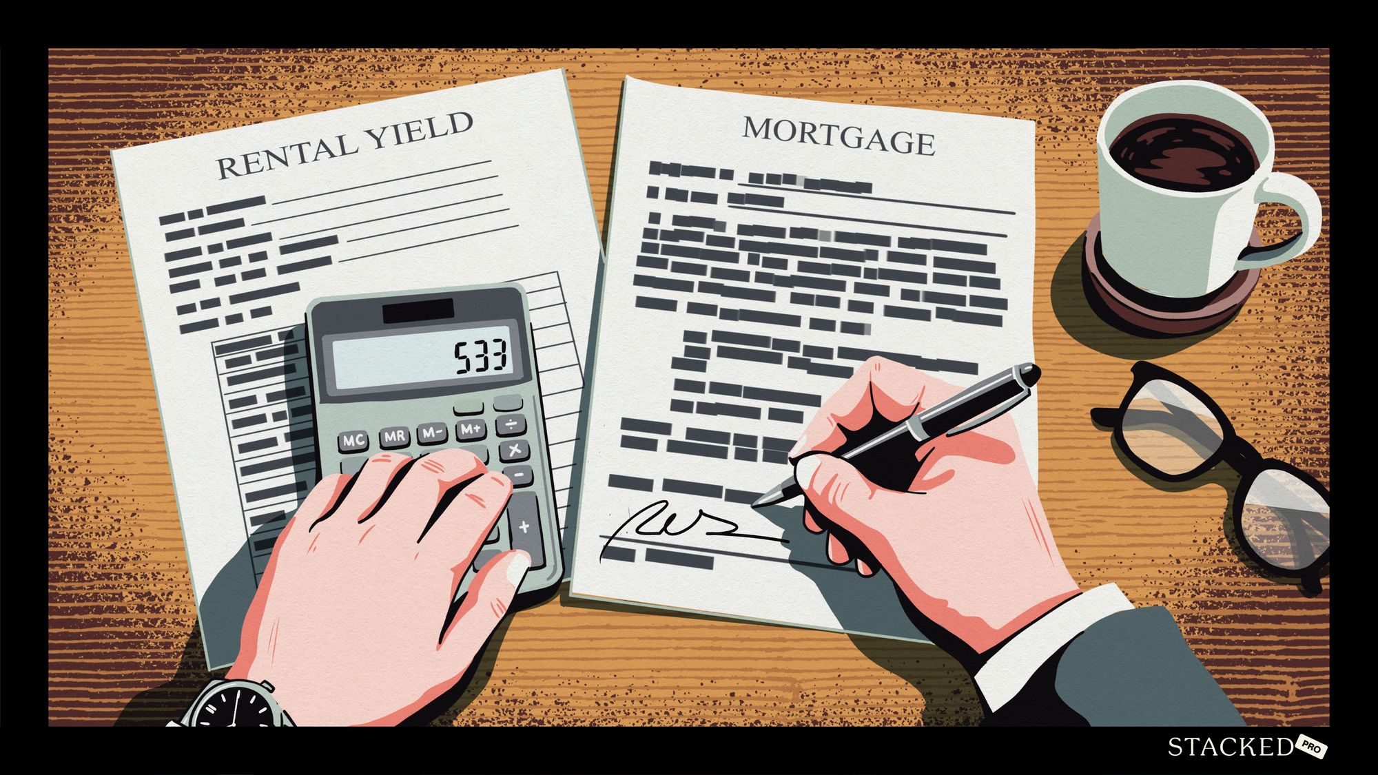 Hands using a calculator and signing a mortgage document next to a rental yield paper, coffee cup, and glasses