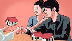 Illustration of a couple shaking hands with a person holding a miniature house model on a table with more models
