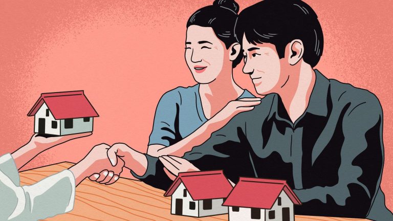 Illustration of a couple shaking hands with a person holding a miniature house model on a table with more models