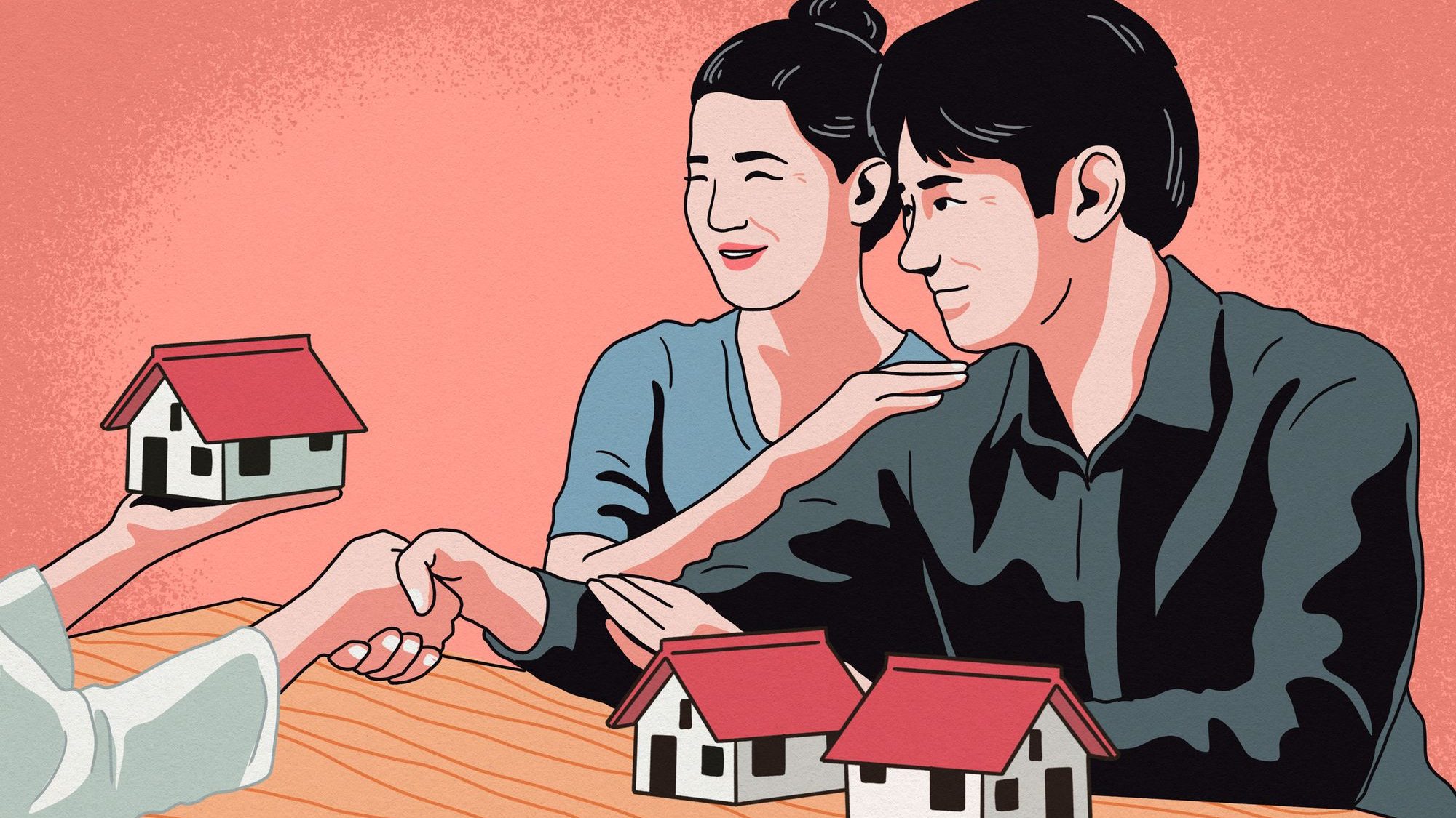 Illustration of a couple shaking hands with a person holding a miniature house model on a table with more models