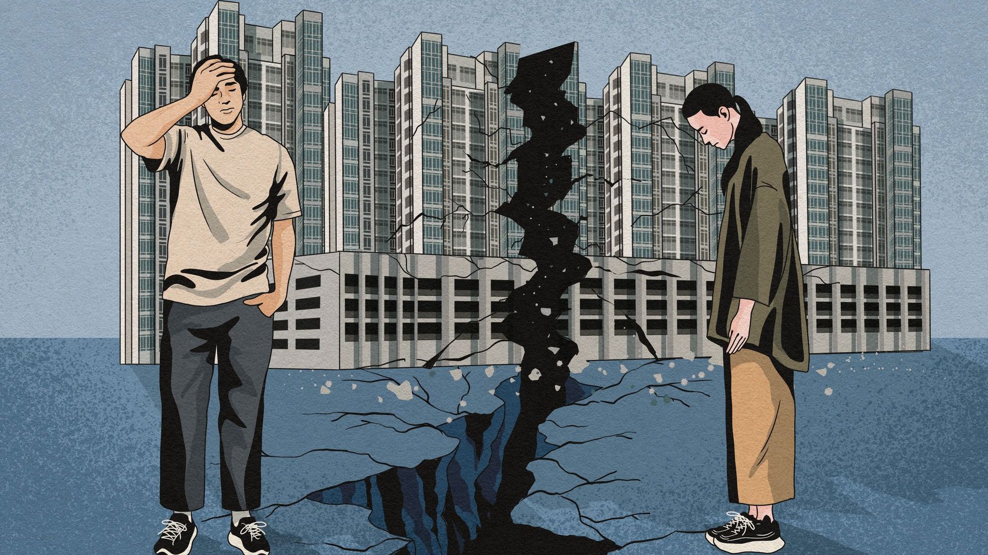 Cracked ground splitting apartment blocks with a worried man and woman standing on either side