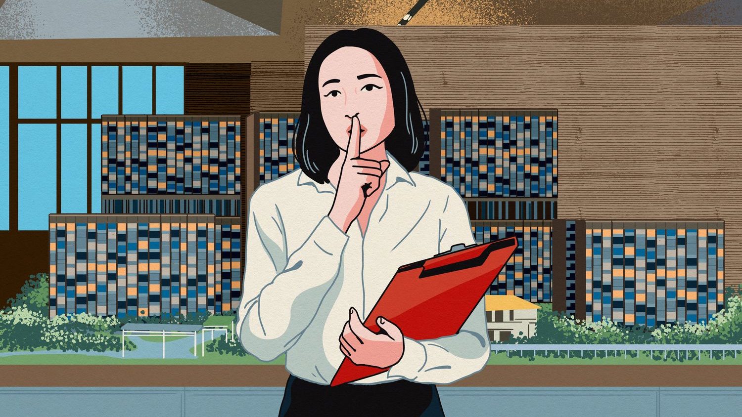 Illustration of a woman holding a red clipboard and making a shushing gesture with residential blocks in the background