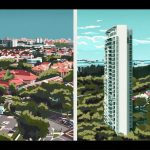 Two high-rise apartment blocks with low-rise houses and greenery between them and a sea view in the background