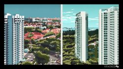 Two high-rise apartment blocks with low-rise houses and greenery between them and a sea view in the background