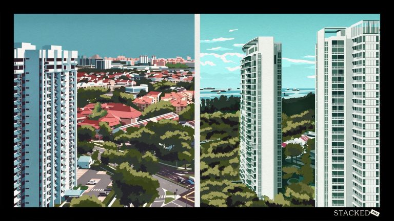 Two high-rise apartment blocks with low-rise houses and greenery between them and a sea view in the background