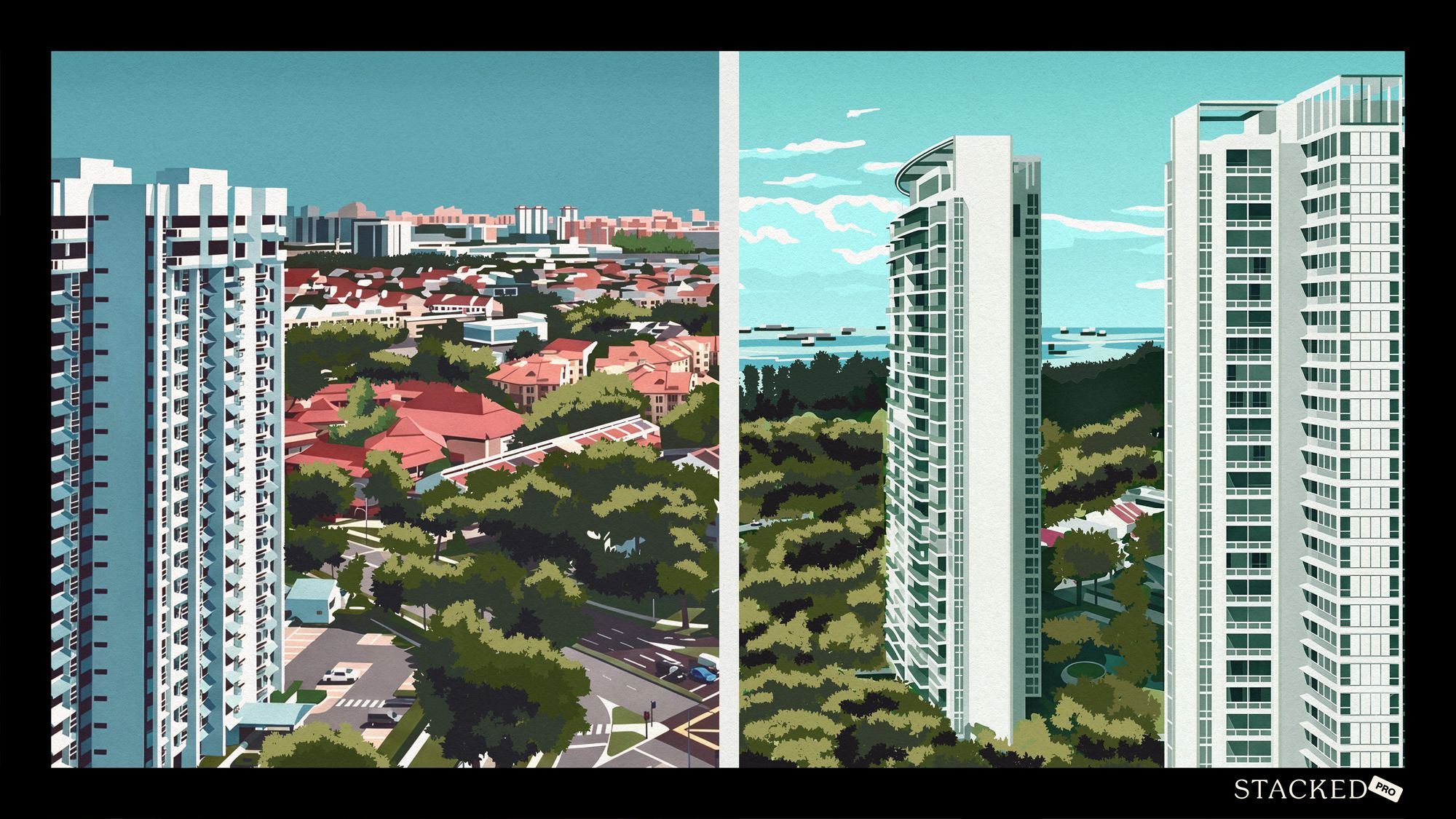 Two high-rise apartment blocks with low-rise houses and greenery between them and a sea view in the background