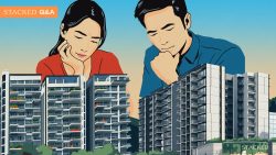 Illustration of a man and woman looking thoughtfully over modern apartment blocks with blue sky background