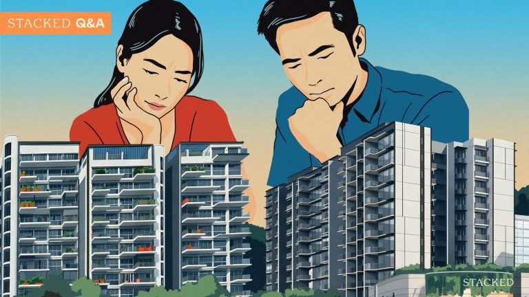 Illustration of a man and woman looking thoughtfully over modern apartment blocks with blue sky background