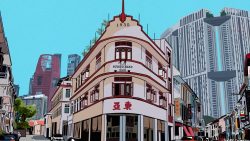 Three-storey heritage shop house with 1939 date and Potato Head sign with high-rise buildings in background