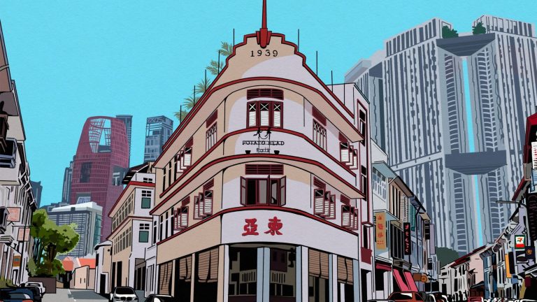 Three-storey heritage shop house with 1939 date and Potato Head sign with high-rise buildings in background
