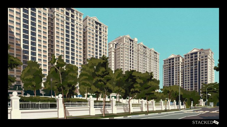 Row of tall residential apartment blocks behind trees and a white fence along a road