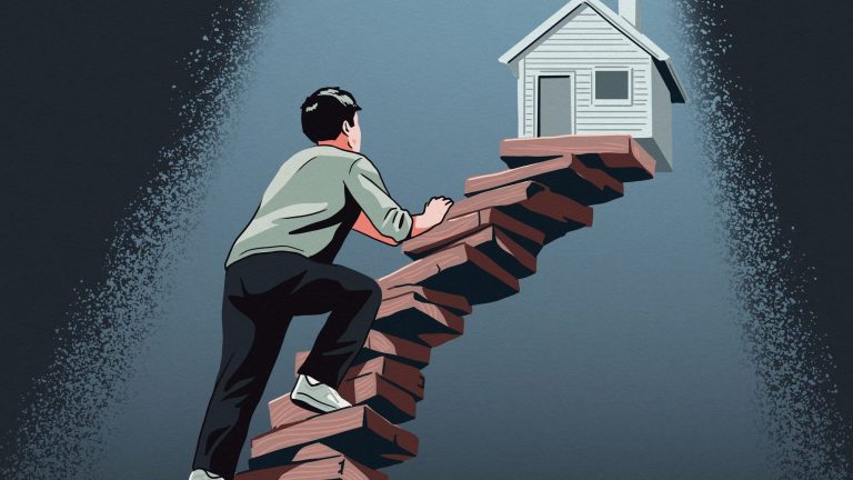 Illustration of a man climbing an unstable wooden staircase leading to a small house floating in the air