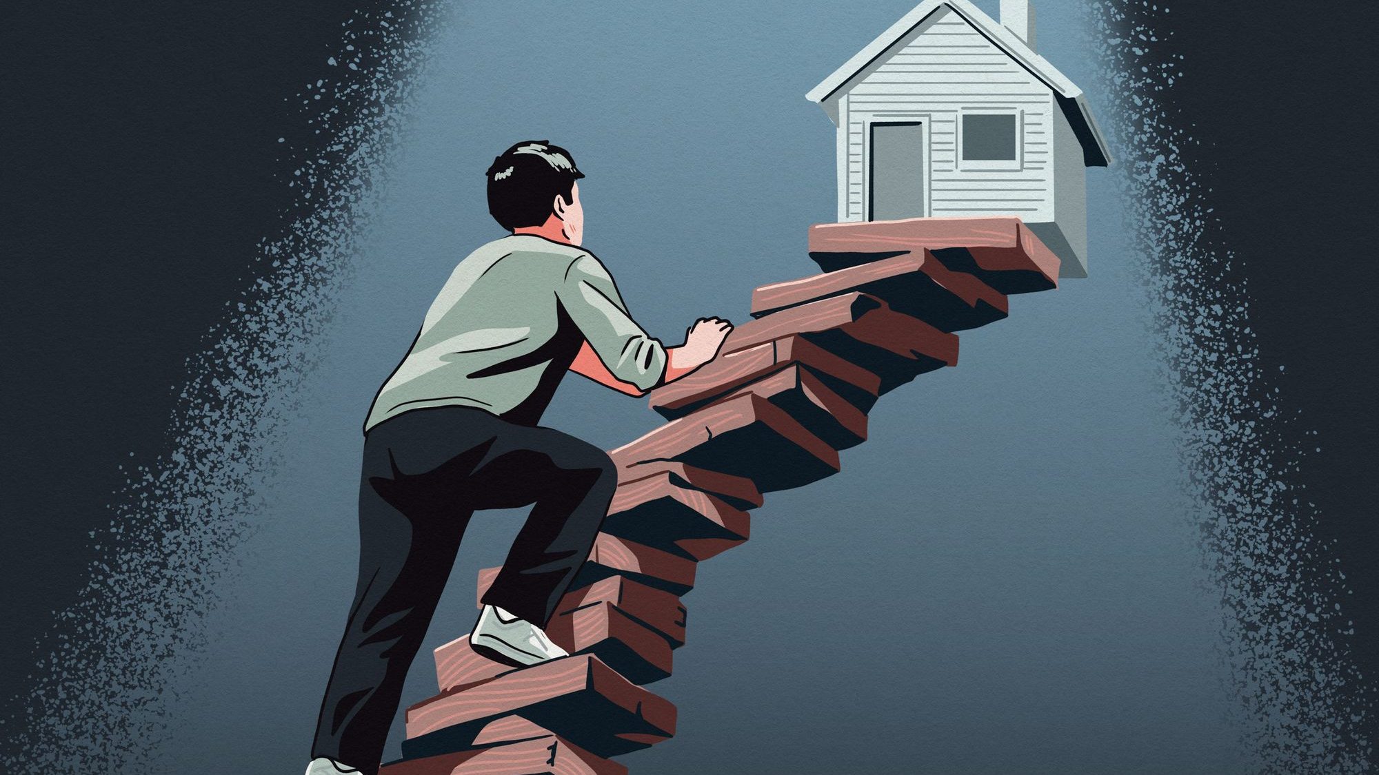 Illustration of a man climbing an unstable wooden staircase leading to a small house floating in the air