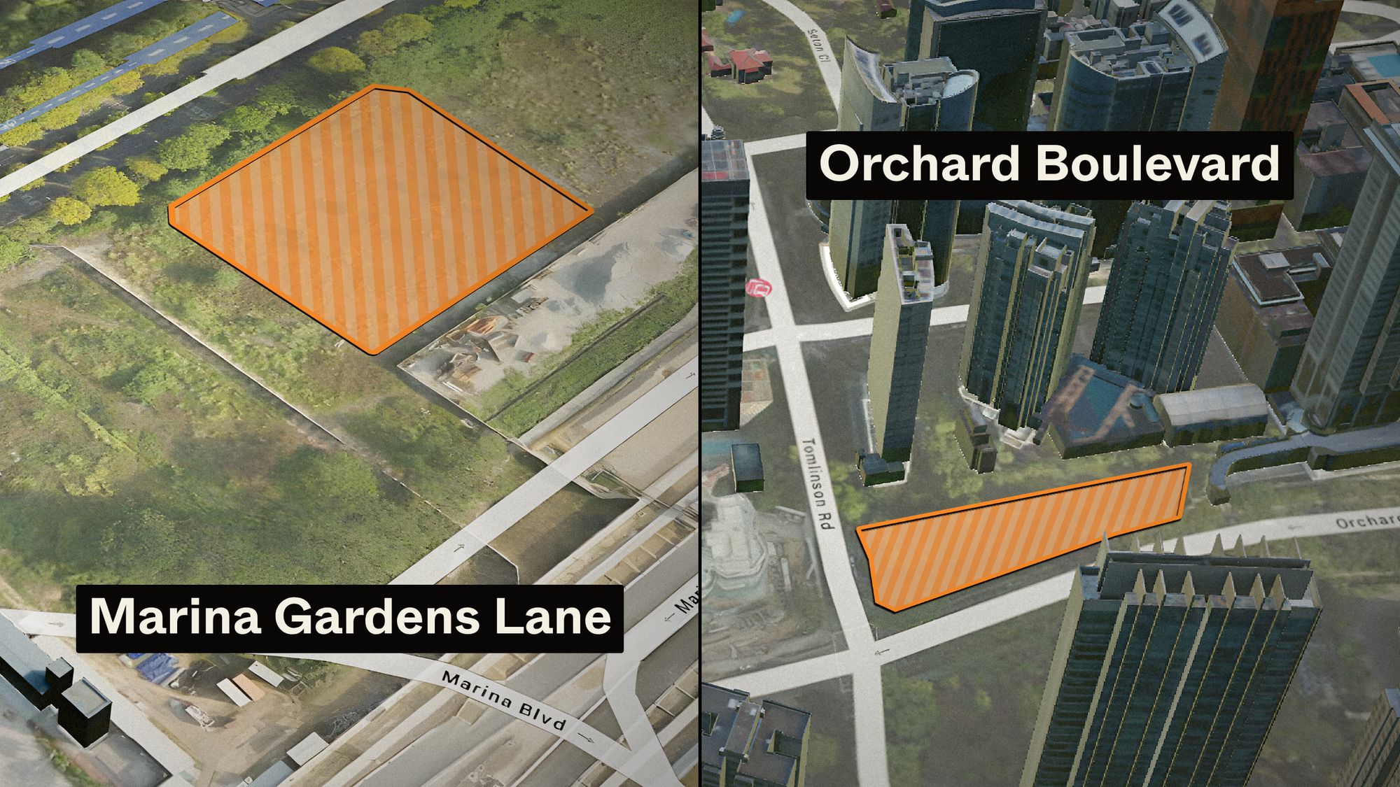 Maps show two upcoming development sites outlined and shaded in orange at Marina Gardens Lane and Orchard Boulevard near high-rise buildings