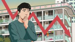Man with worried expression standing in front of public housing block with red downward graph line