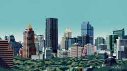 City skyline with various tall office and residential buildings behind a large green park