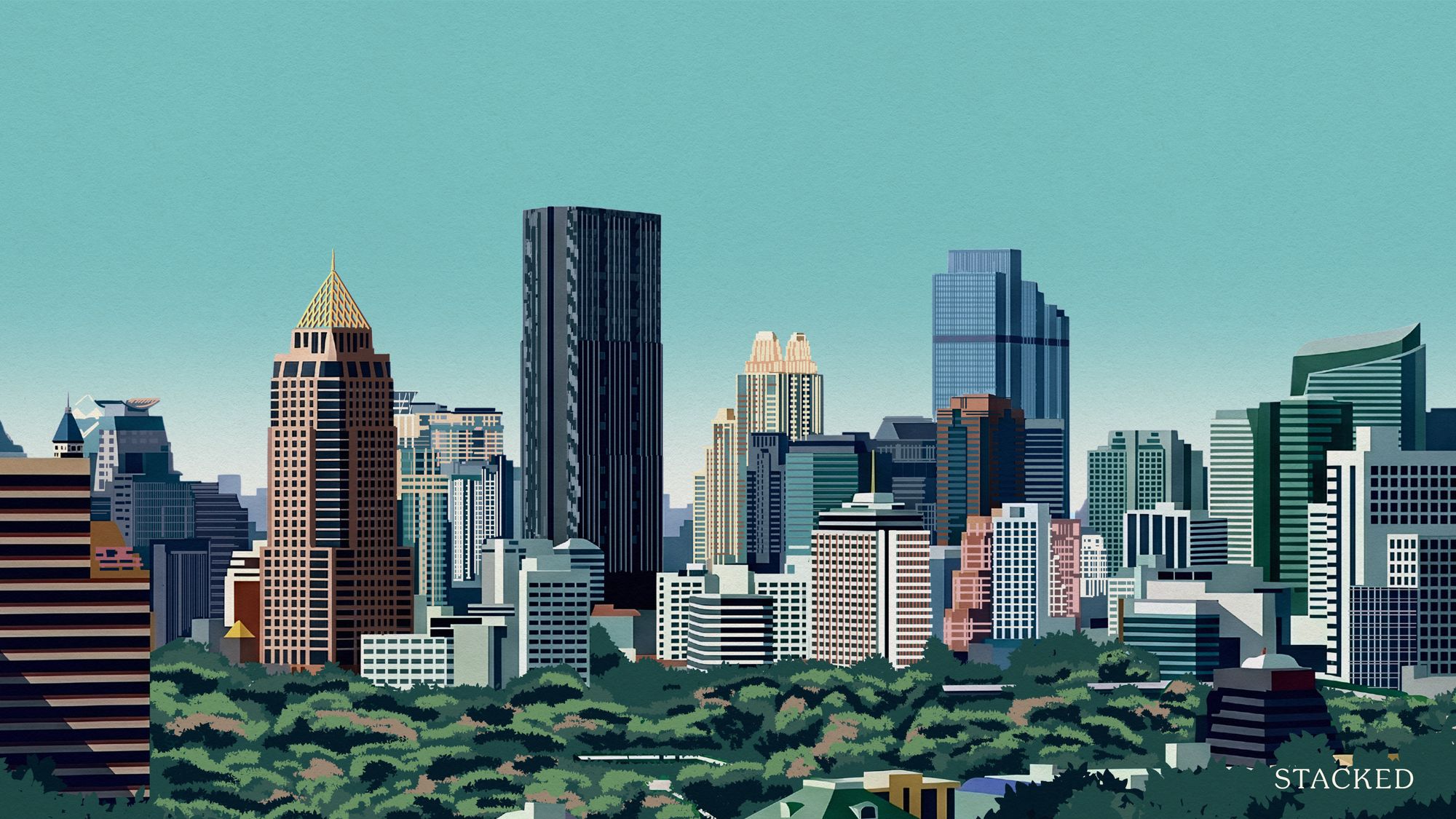 City skyline with various tall office and residential buildings behind a large green park