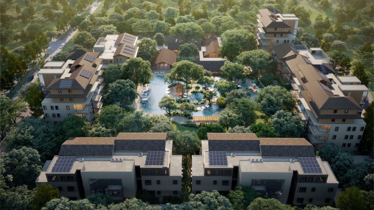 Residential blocks surrounding landscaped gardens with a central pool and playground, set amidst dense trees