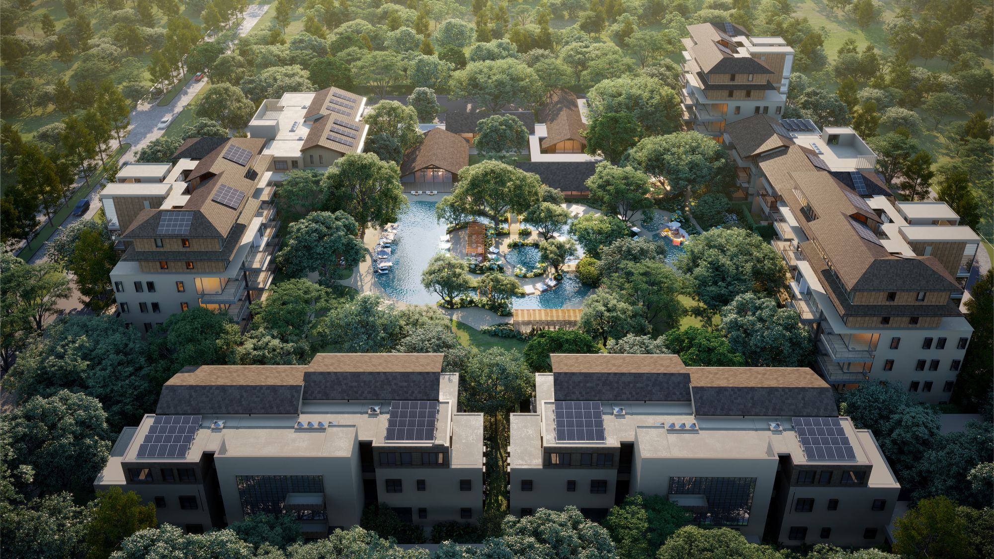 Residential blocks surrounding landscaped gardens with a central pool and playground, set amidst dense trees