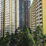Housing blocks with Singapore flags hanging from some windows and green trees in the foreground