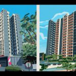 Two side-by-side digital illustrations of residential apartment blocks with trees and a clear blue sky