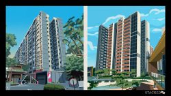 Two side-by-side digital illustrations of residential apartment blocks with trees and a clear blue sky